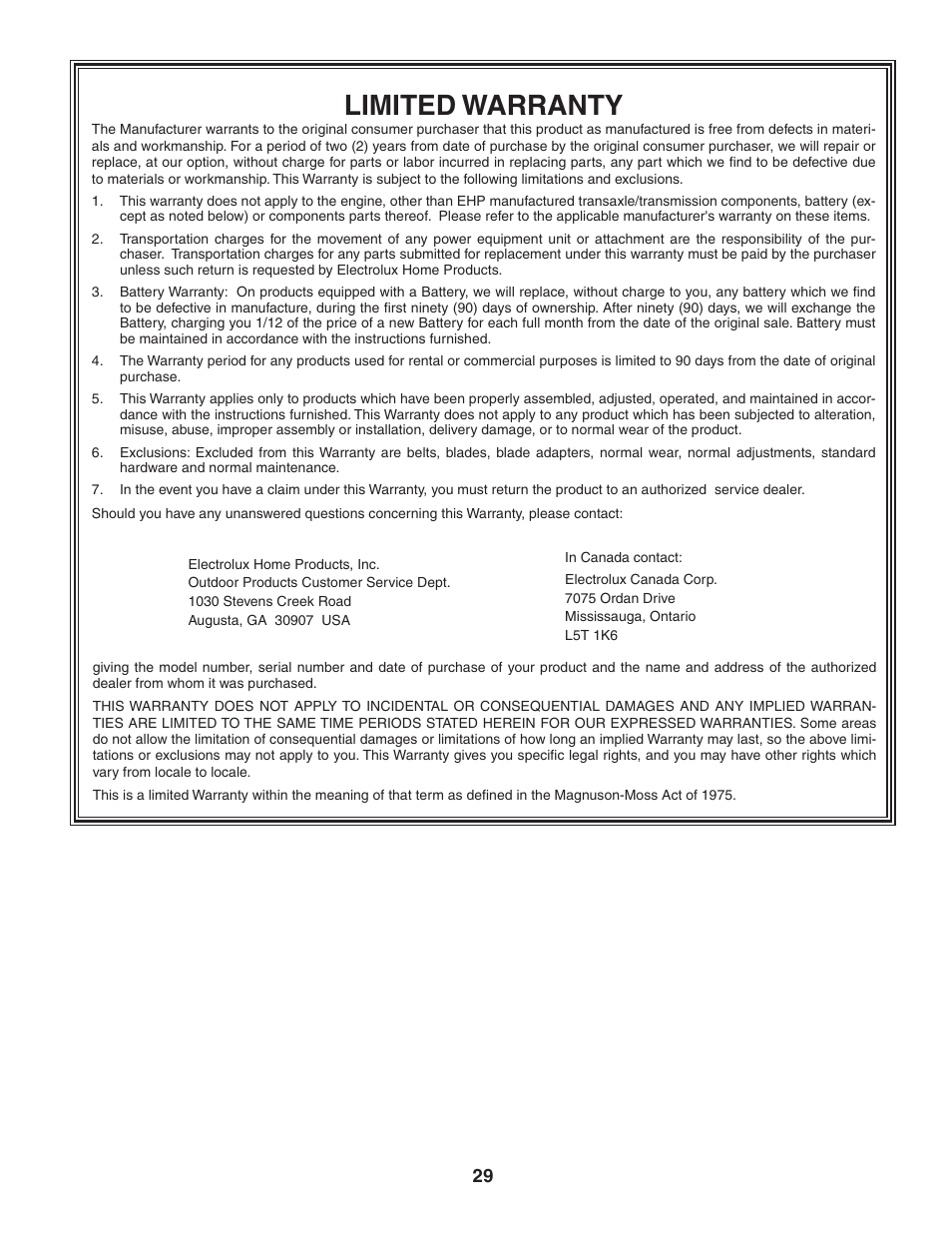 Limited warranty | Poulan 195806 User Manual | Page 29 / 32