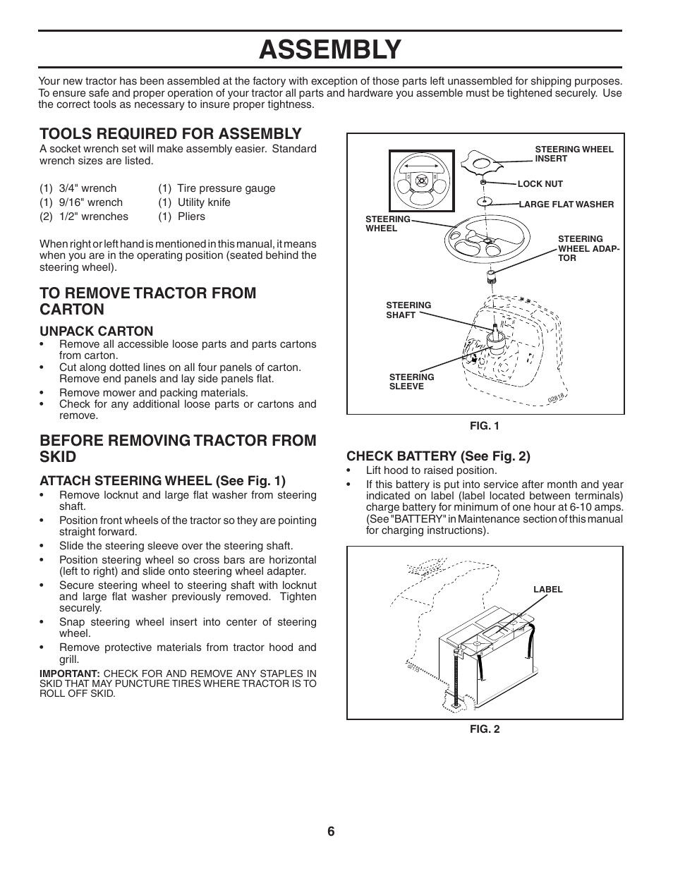 Assembly, Tools required for assembly, Before removing trac tor from skid | Poulan 195806 User Manual | Page 6 / 32