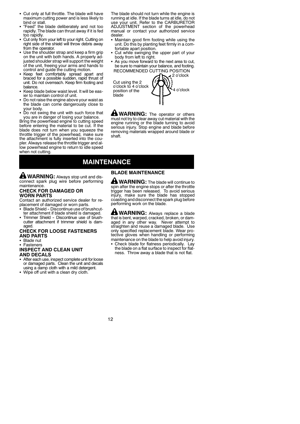Maintenance, Warning | Poulan 952711828 User Manual | Page 12 / 14