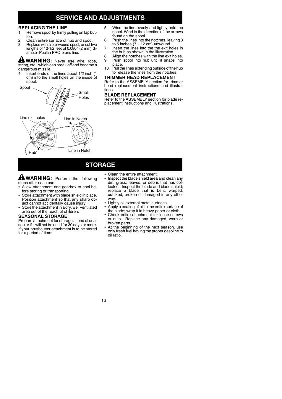 Service and adjustments, Storage, Warning | Poulan 952711828 User Manual | Page 13 / 14