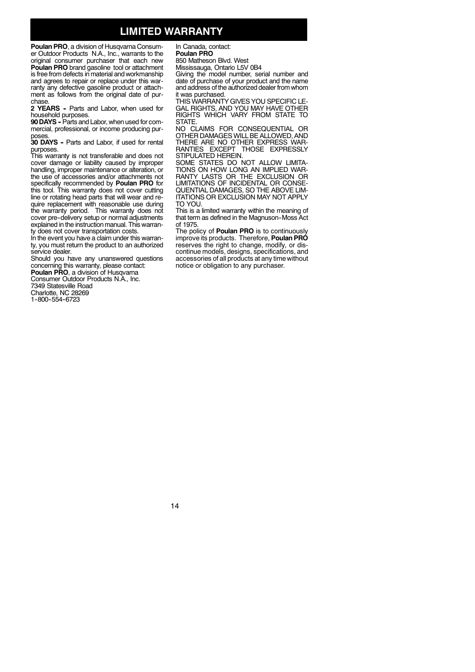 Limited warranty | Poulan 952711828 User Manual | Page 14 / 14