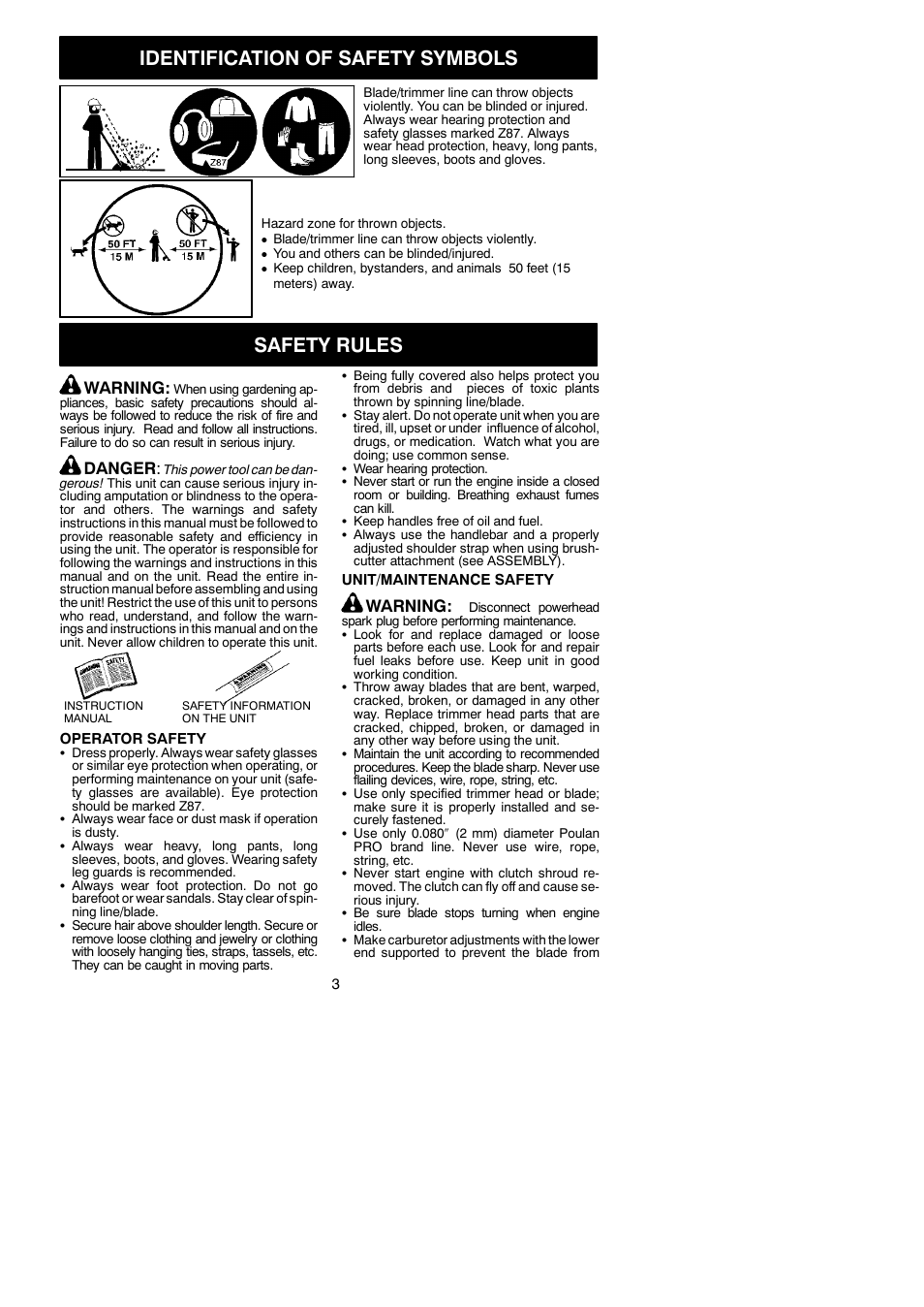 Identification of safety symbols, Safety rules, Warning | Danger | Poulan 952711828 User Manual | Page 3 / 14