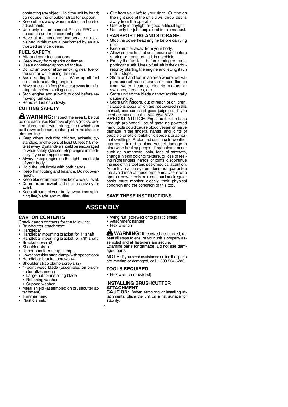 Assembly, Warning | Poulan 952711828 User Manual | Page 4 / 14