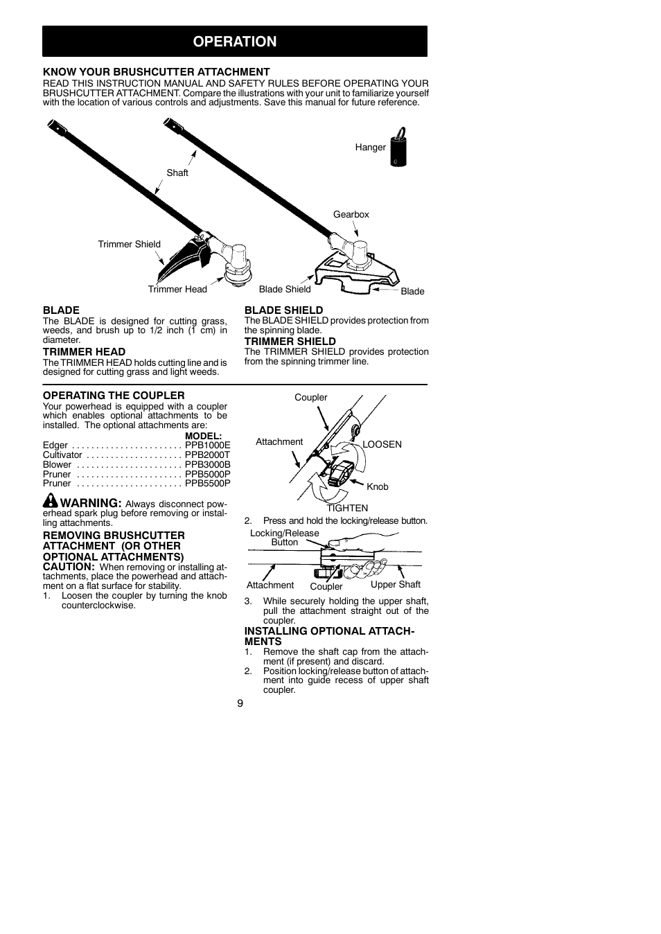 Operation, Warning | Poulan 952711828 User Manual | Page 9 / 14