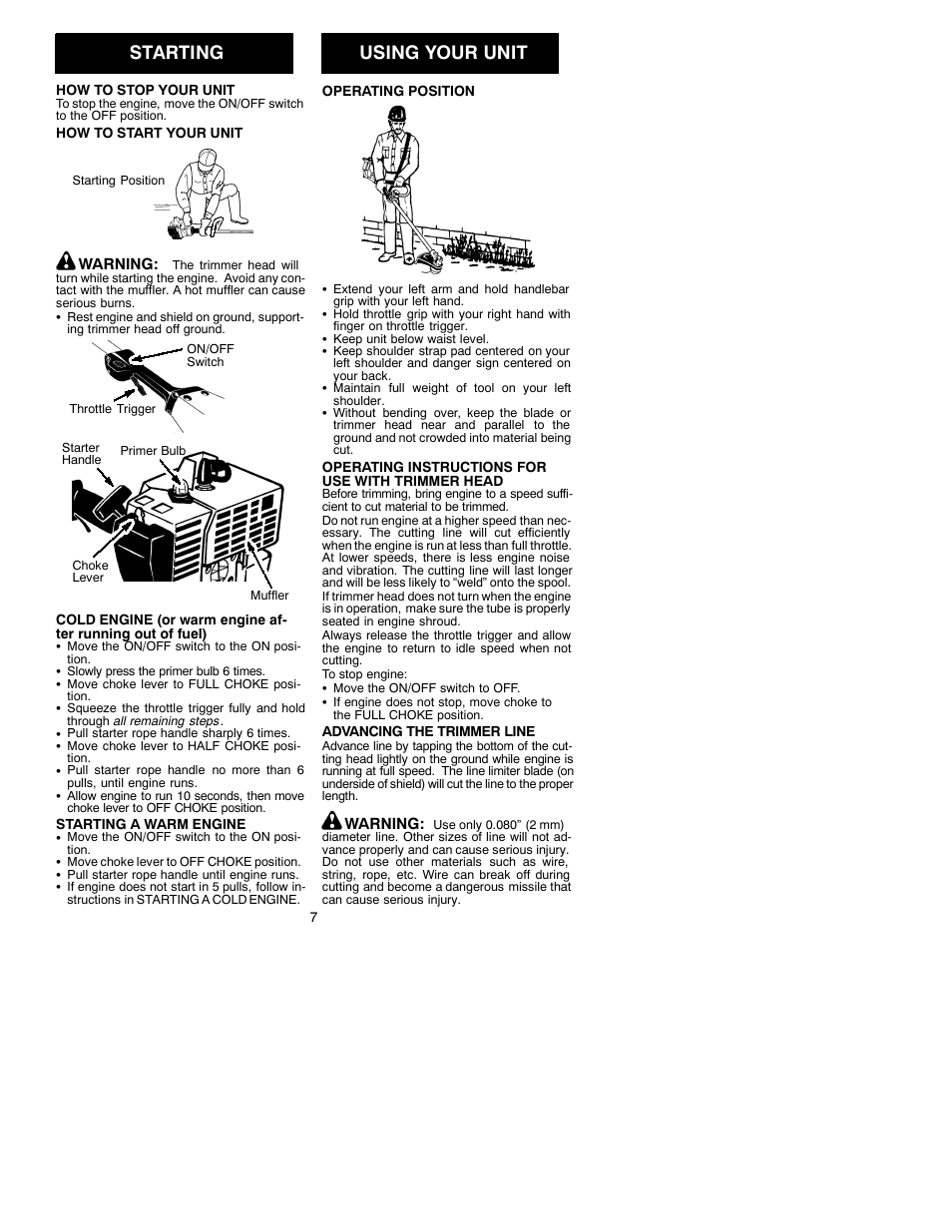 Starting, Using your unit | Poulan BC2400P User Manual | Page 7 / 11