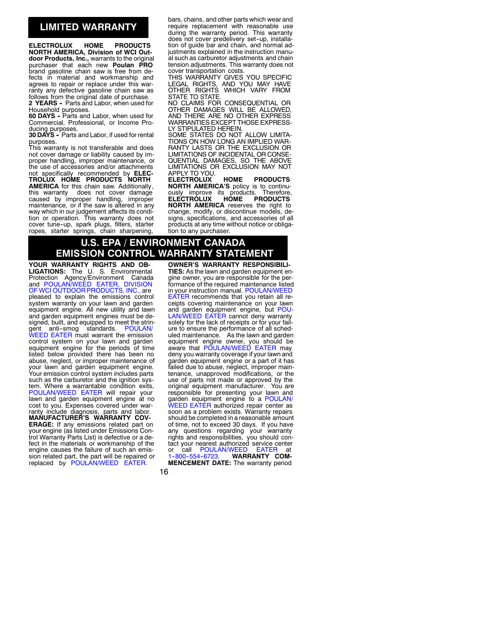 Limited warranty | Poulan 260 User Manual | Page 16 / 17