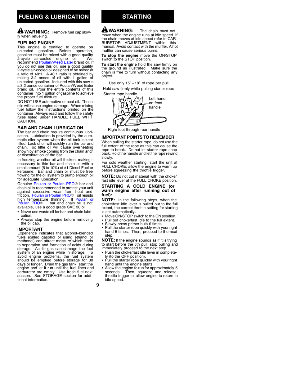 Starting, Fueling & lubrication | Poulan 260 User Manual | Page 9 / 17