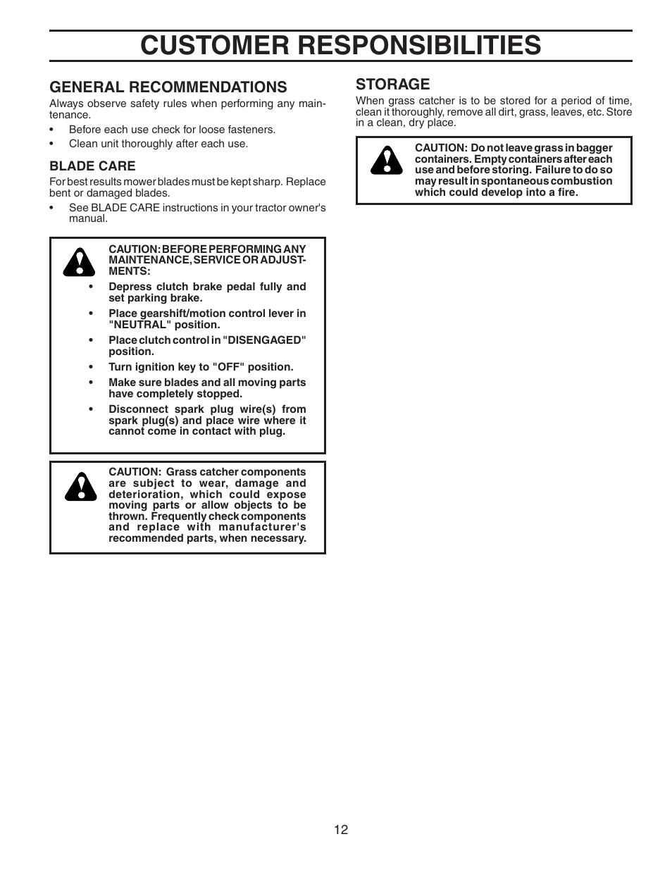 Customer responsibilities, Storage, General recommendations | Poulan C38D User Manual | Page 12 / 21