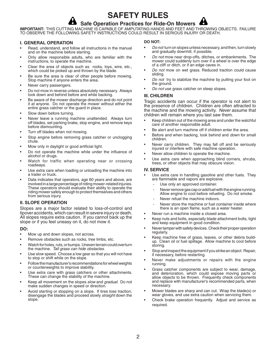 Safety rules, Safe operation practices for ride-on mowers | Poulan C38D User Manual | Page 2 / 21