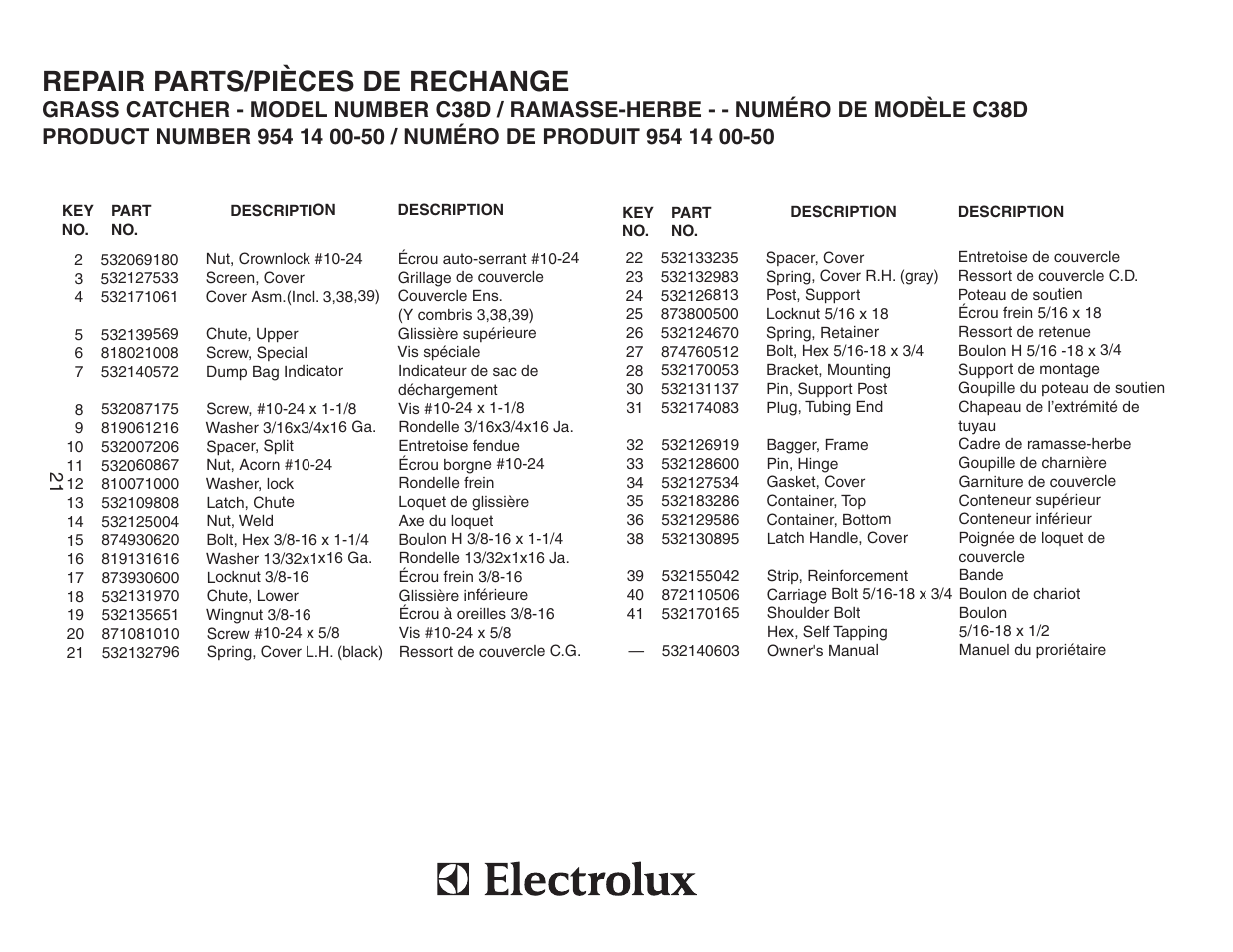 Repair parts/pièces de rechange | Poulan C38D User Manual | Page 21 / 21