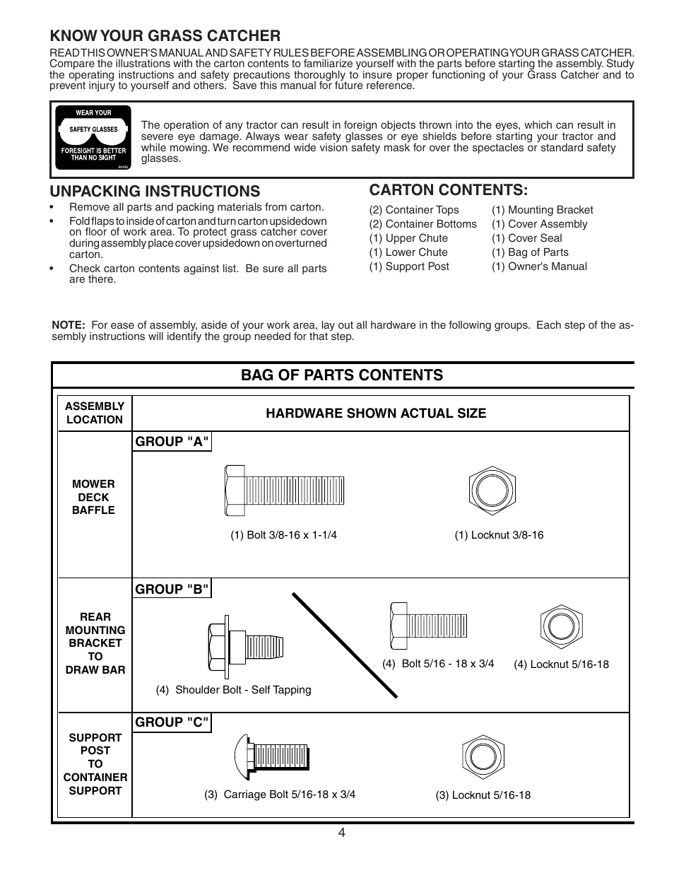 Bag of parts contents, Know your grass catcher, Unpacking instructions | Carton contents | Poulan C38D User Manual | Page 4 / 21