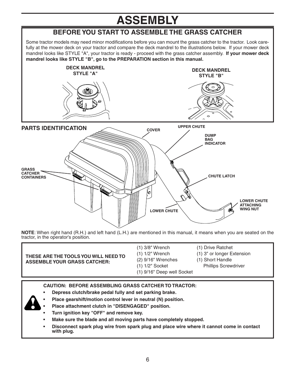 Assembly, Before you start to assemble the grass catcher, Parts identification | Poulan C38D User Manual | Page 6 / 21