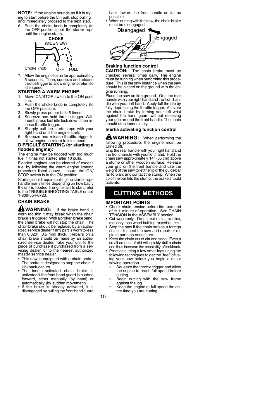 Cutting methods, Warning, Disengaged engaged | Poulan BH 2160 User Manual | Page 10 / 18