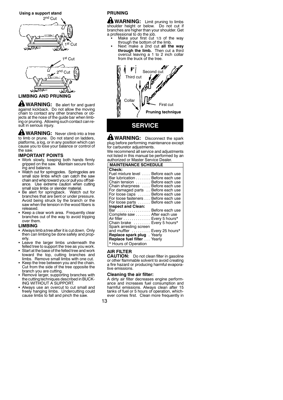 Service, Warning | Poulan BH 2160 User Manual | Page 13 / 18