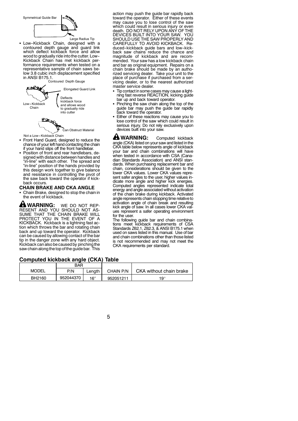 Warning, Computed kickback angle (cka) table | Poulan BH 2160 User Manual | Page 5 / 18