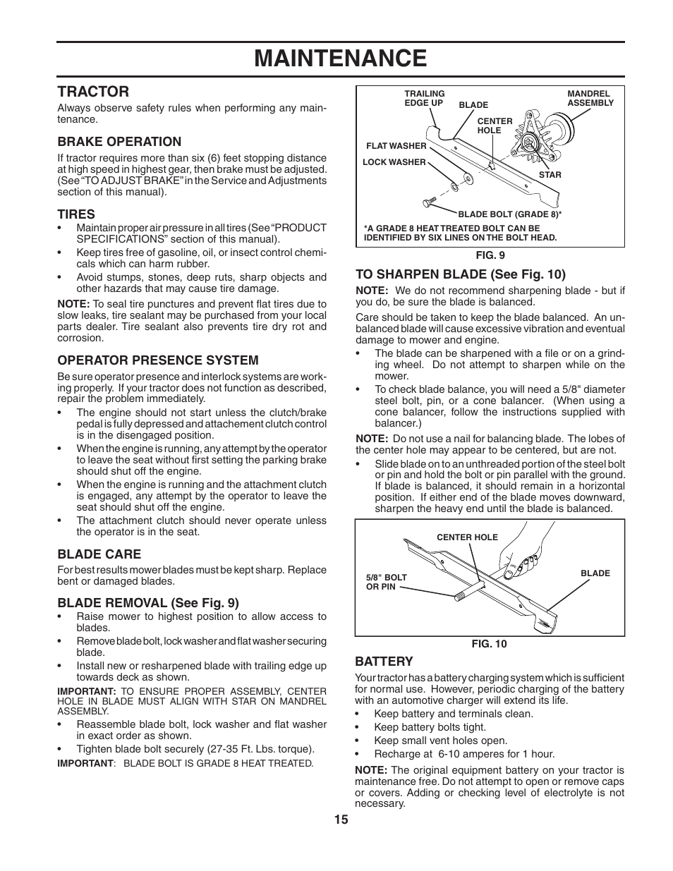Maintenance, Tractor | Poulan 187594 User Manual | Page 15 / 44