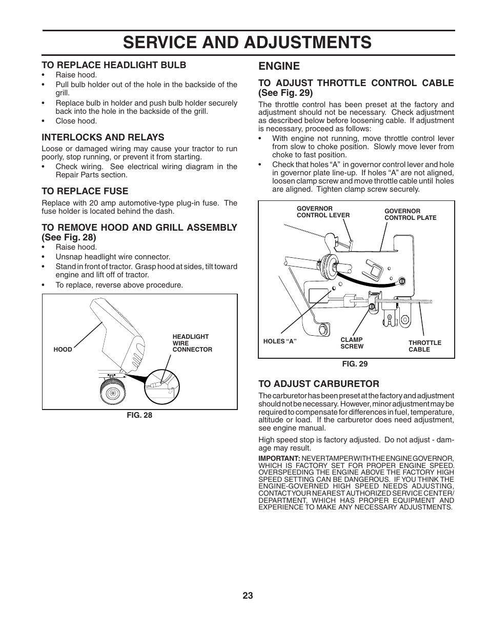 Service and adjustments, Engine | Poulan 187594 User Manual | Page 23 / 44