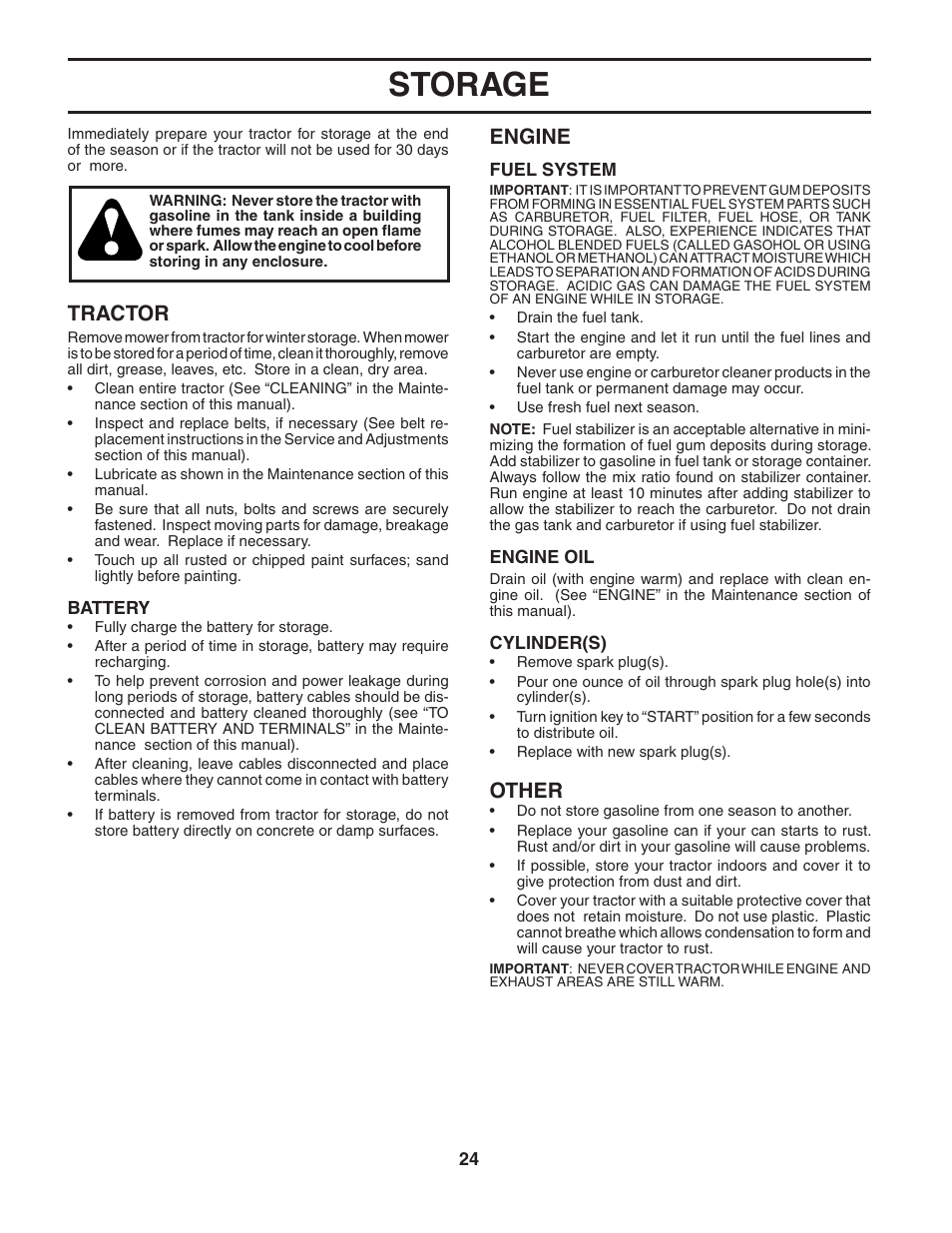 Storage, Tractor, Engine | Other | Poulan 187594 User Manual | Page 24 / 44