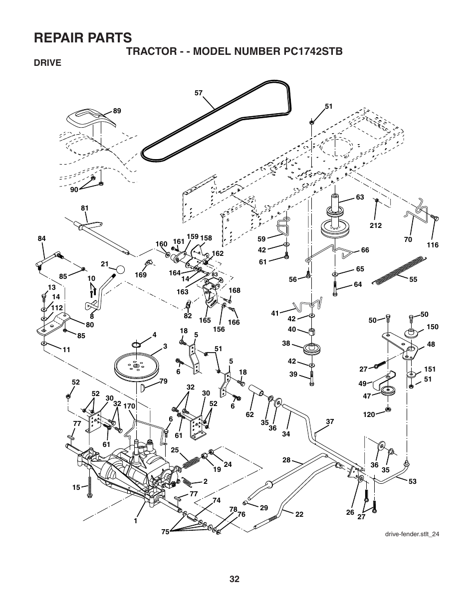 Repair parts, Tractor - - model number pc1742stb, Drive | Poulan 187594 User Manual | Page 32 / 44