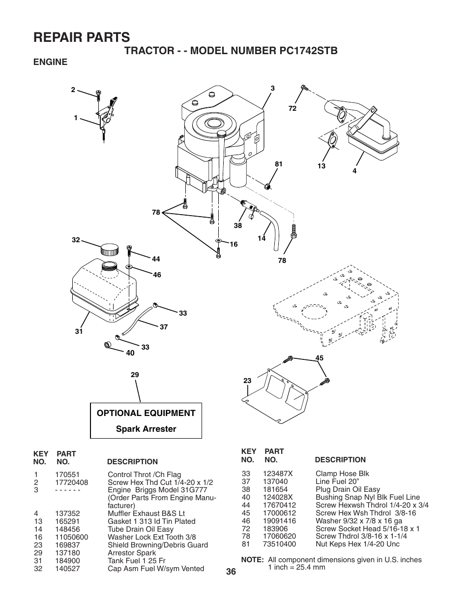 Repair parts, Tractor - - model number pc1742stb | Poulan 187594 User Manual | Page 36 / 44