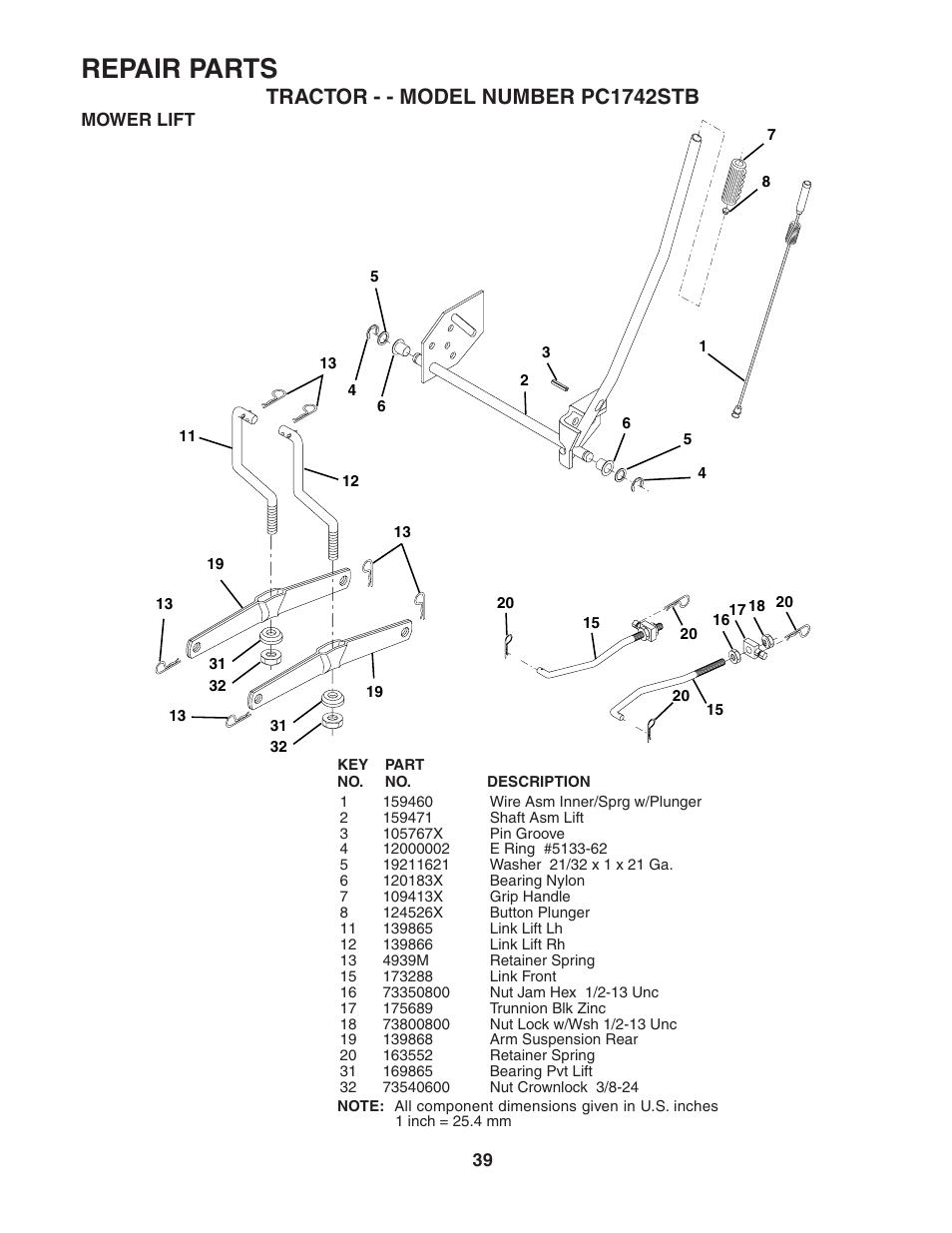 Repair parts, Tractor - - model number pc1742stb | Poulan 187594 User Manual | Page 39 / 44