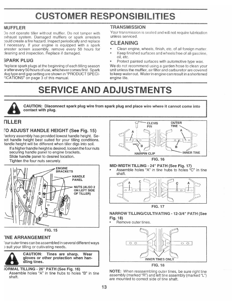 Park f»liig, Service and adjustments, Ne arrangement | Tiller, Ro adjust handle height (see fig. 15) | Poulan CHDF550D User Manual | Page 13 / 24