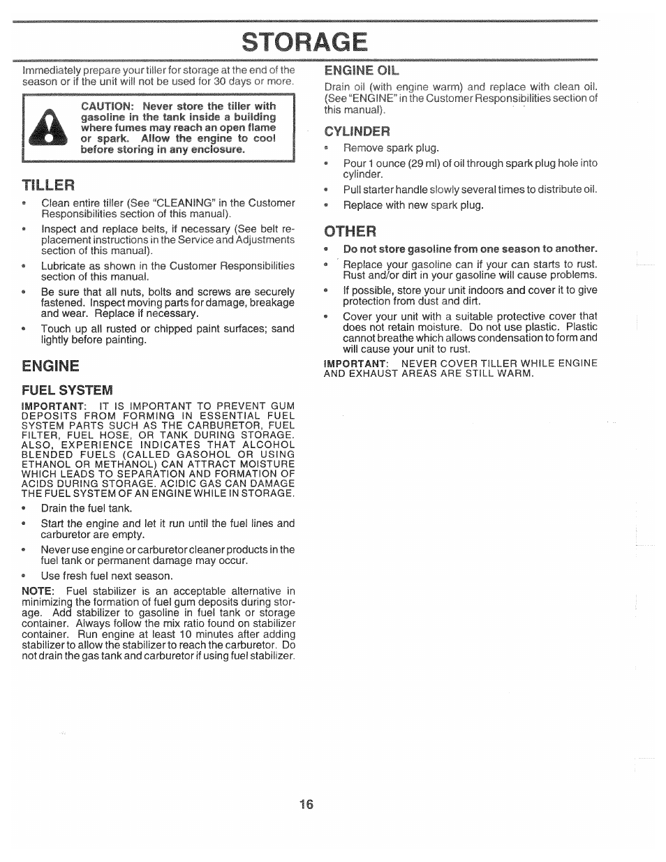 Storage, Engine, Engine oil | Cylinder, Tiller, Other, Fuel system | Poulan CHDF550D User Manual | Page 16 / 24