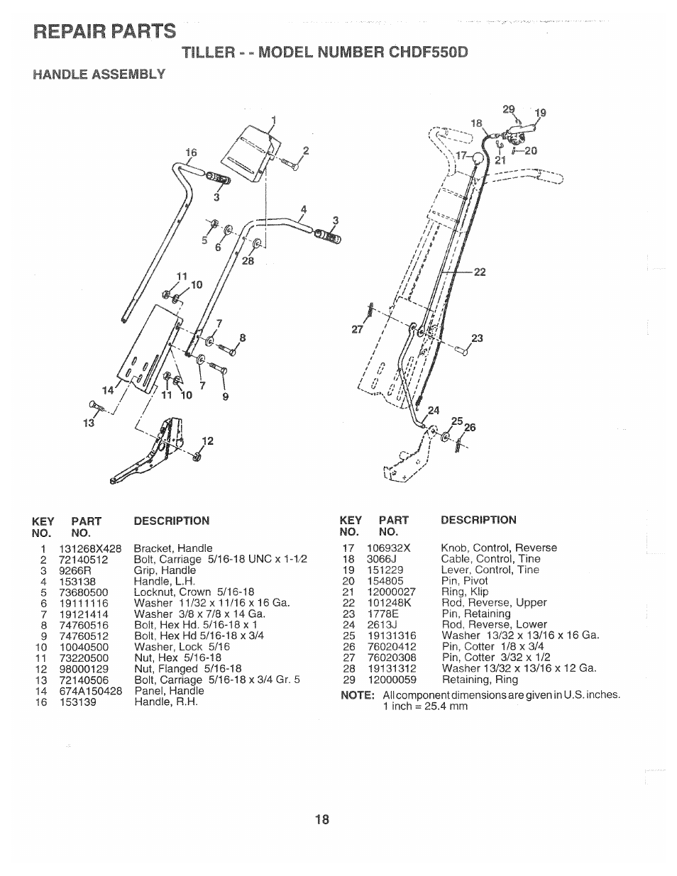 Handle assembly, Repair parts, Tiller - - model number chdf550d | Poulan CHDF550D User Manual | Page 18 / 24