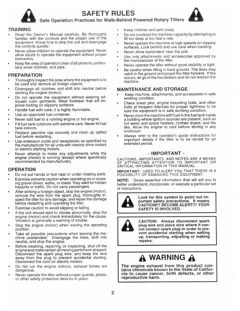 Training, Preparation, Operation | Maintenance and storage, Important, Safety rules, Warning | Poulan CHDF550D User Manual | Page 2 / 24