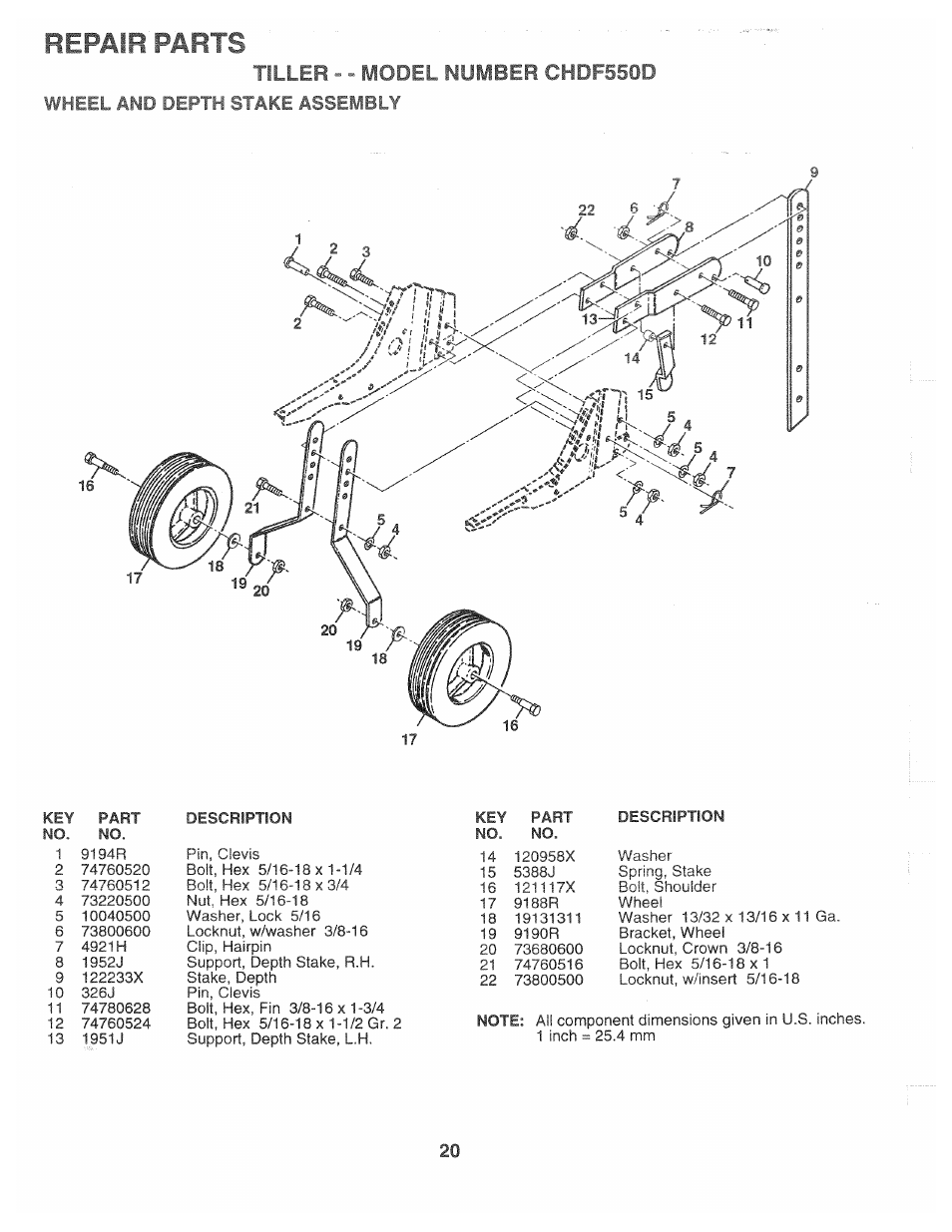 Tiller - - model number chdf550d, Repair parts, Wheel and de-^1 t it^rt assembly | Poulan CHDF550D User Manual | Page 20 / 24