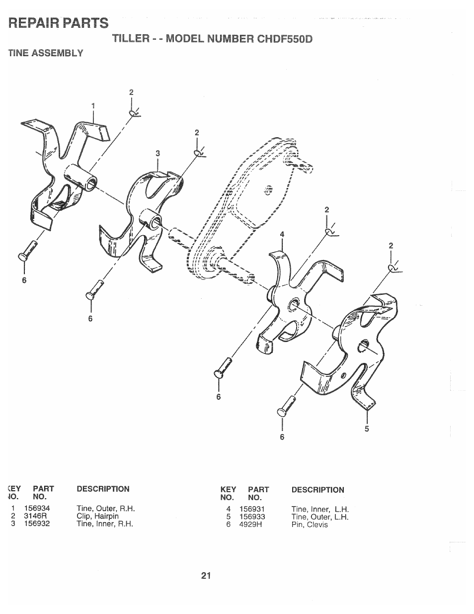 Tine assembly, Repair parts, Tiller - - model number chdf550d | Poulan CHDF550D User Manual | Page 21 / 24