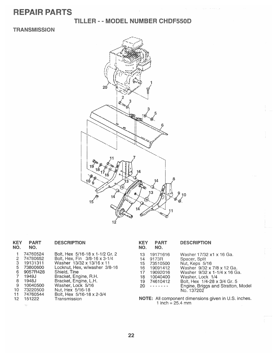 Transmission, Repair parts, Tiller - - model number chdf550d | Poulan CHDF550D User Manual | Page 22 / 24