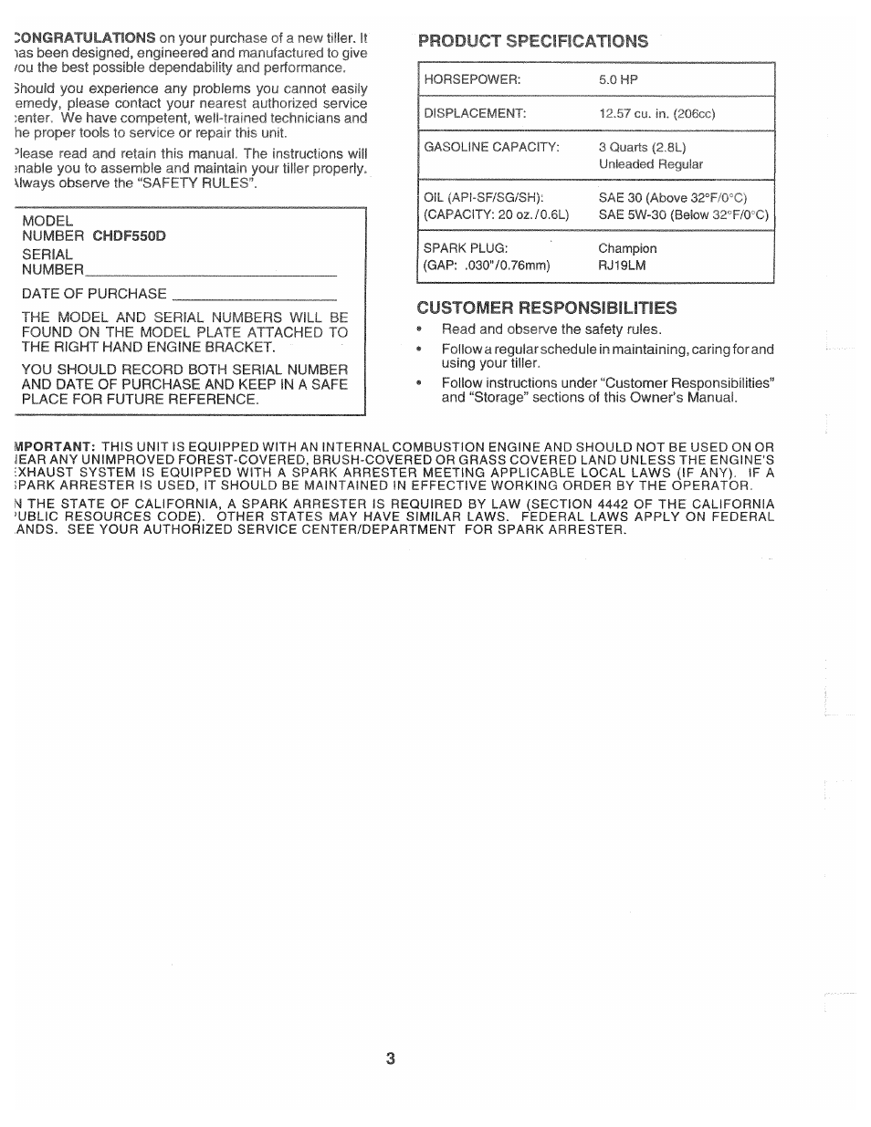 Product specihcations, Customer responsibilities | Poulan CHDF550D User Manual | Page 3 / 24