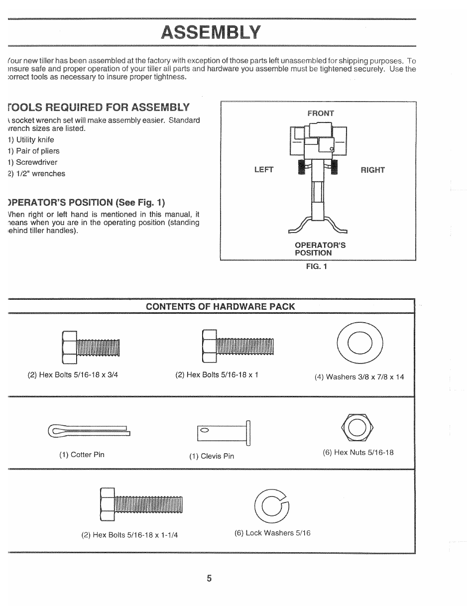 Assembly, Jperator’s position (see fig. 1) | Poulan CHDF550D User Manual | Page 5 / 24