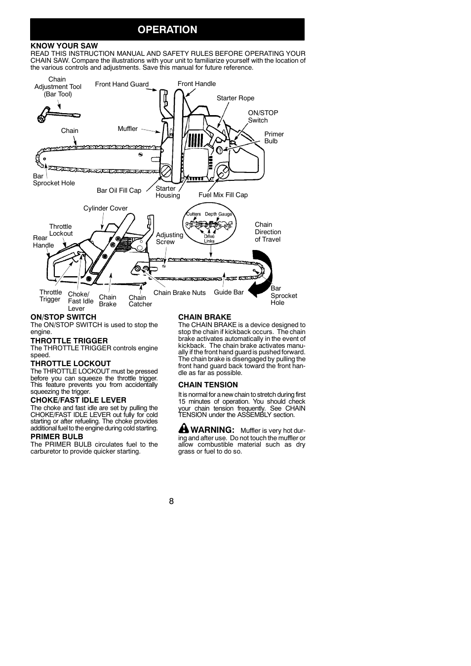 Operation, Warning | Poulan 530164817 User Manual | Page 8 / 18