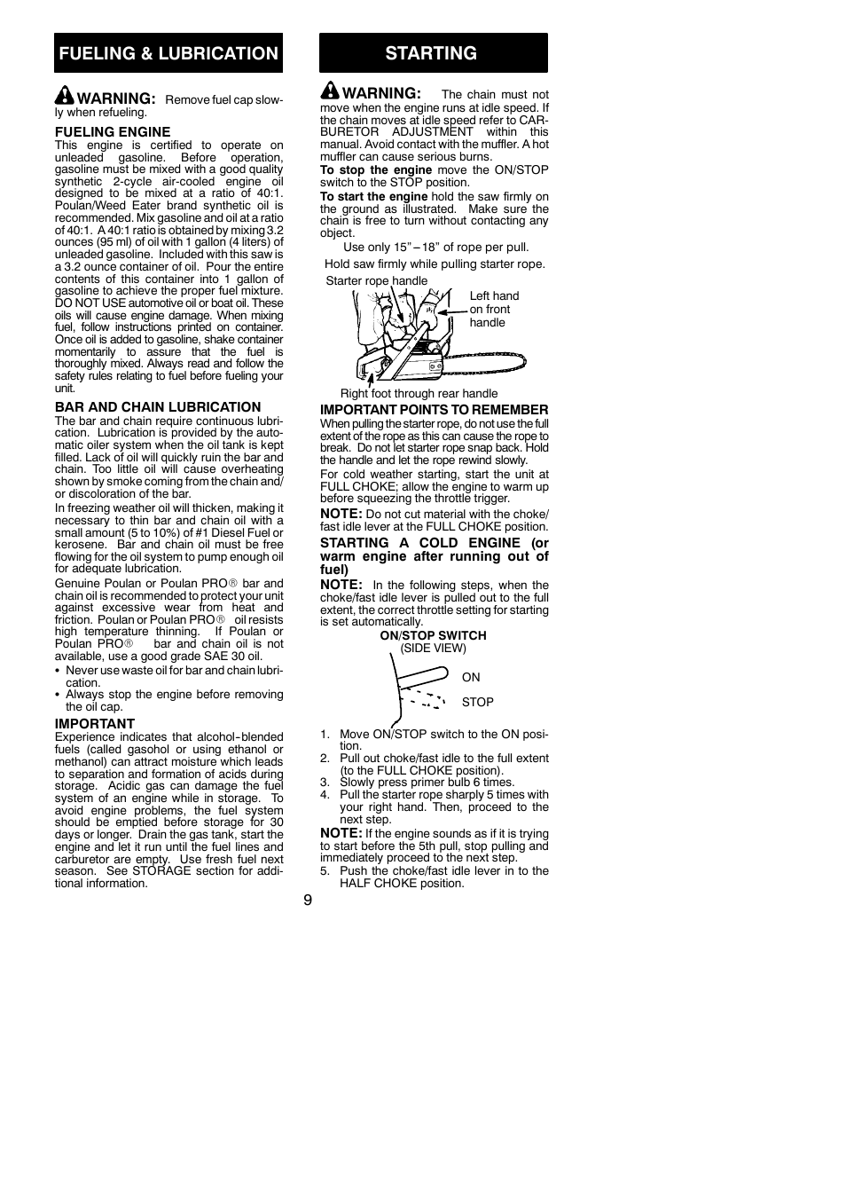 Starting, Fueling & lubrication, Warning | Poulan 530164817 User Manual | Page 9 / 18