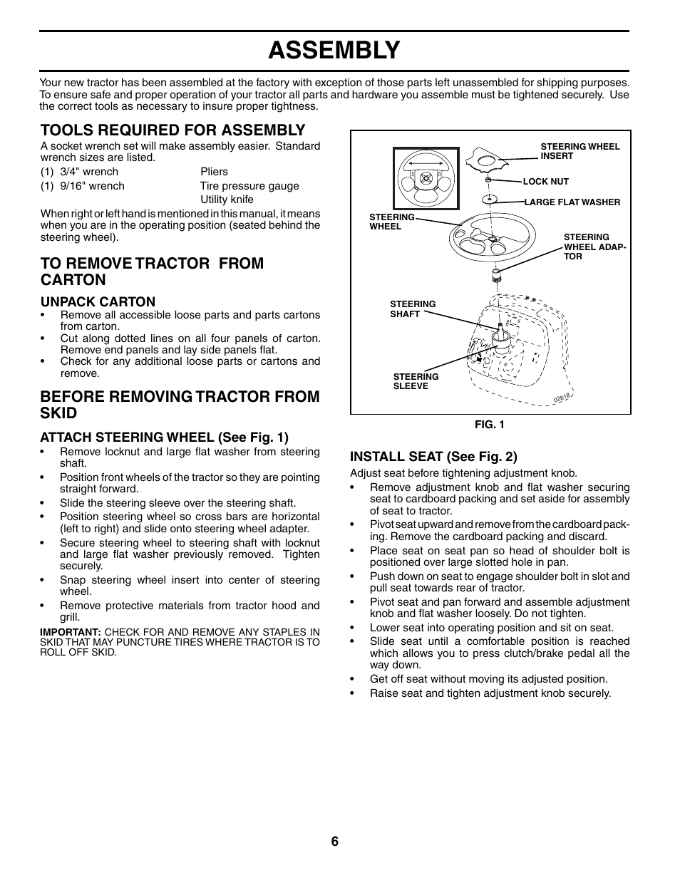 Assembly, Tools required for assembly, Before removing trac tor from skid | Poulan 196692 User Manual | Page 6 / 30