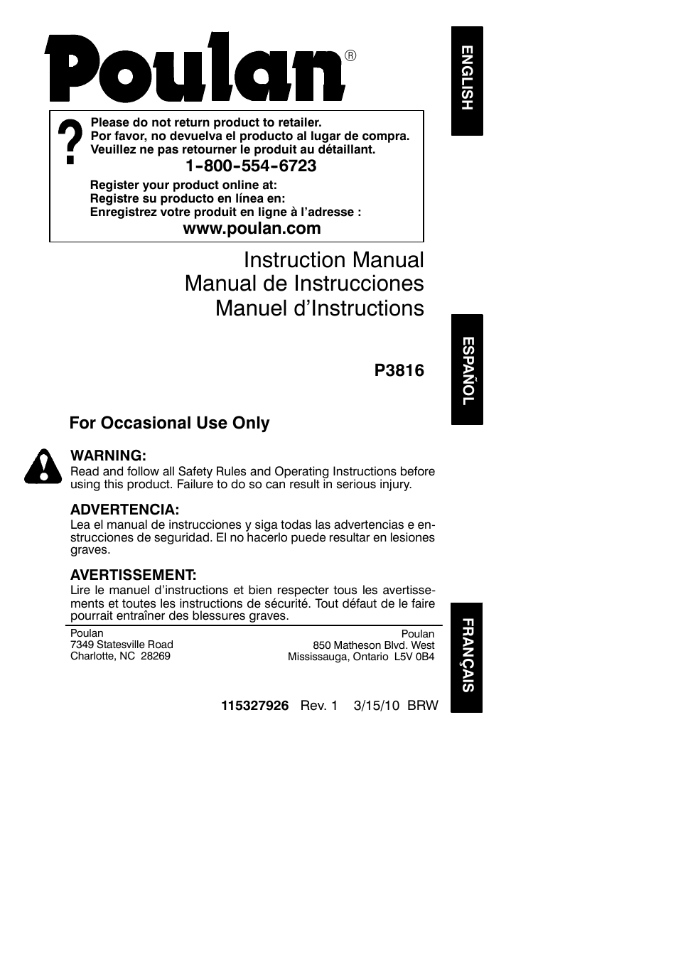 Poulan 115327926 User Manual | 20 pages