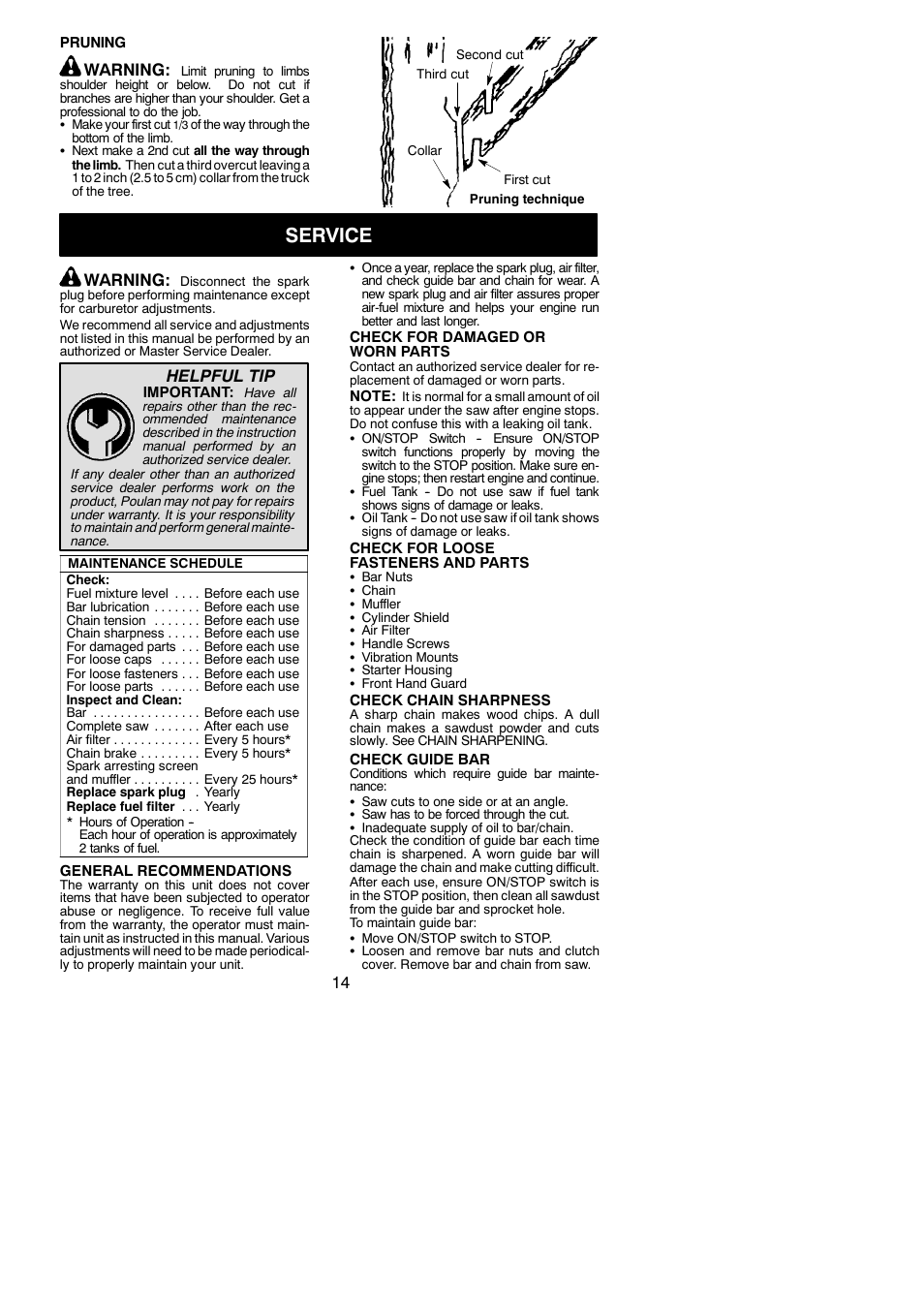 Service, Warning, Helpful tip | Poulan 115327926 User Manual | Page 14 / 20