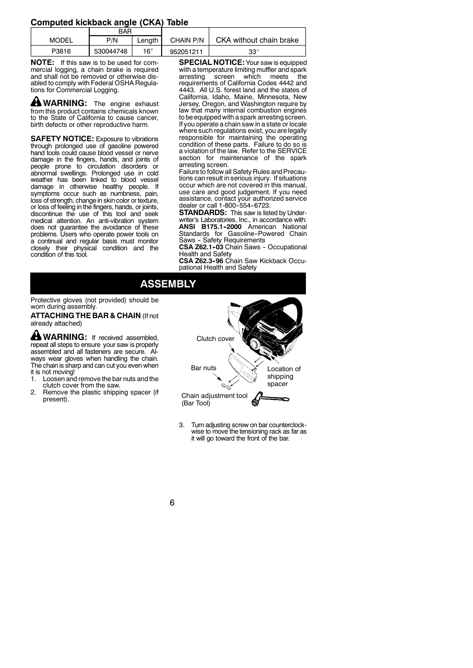 Assembly, 6computed kickback angle (cka) table, Warning | Poulan 115327926 User Manual | Page 6 / 20