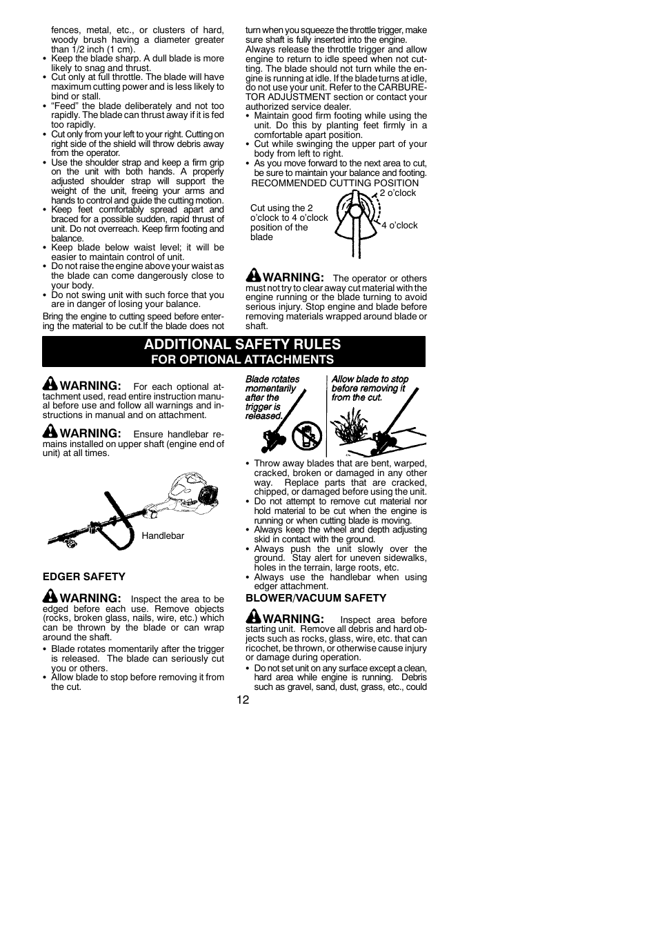 Additional safety rules, Warning, For optional attachments warning | Poulan Pro PP325 User Manual | Page 12 / 20