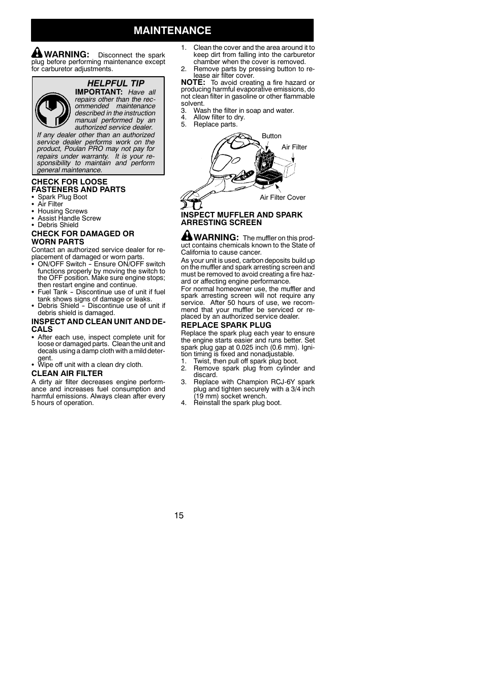 Maintenance, Warning, Helpful tip | Poulan Pro PP325 User Manual | Page 15 / 20