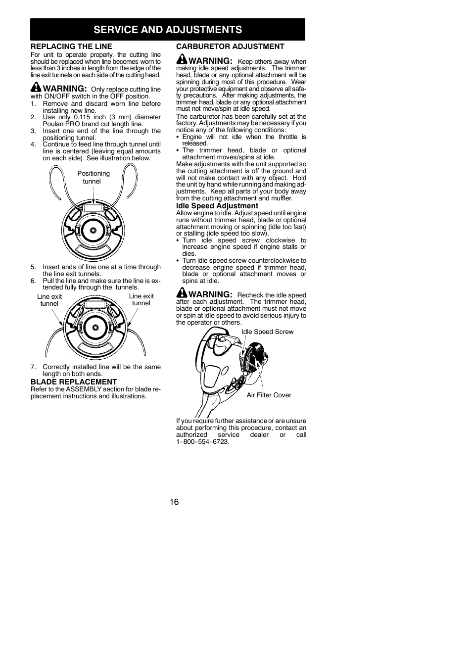 Service and adjustments, Warning | Poulan Pro PP325 User Manual | Page 16 / 20