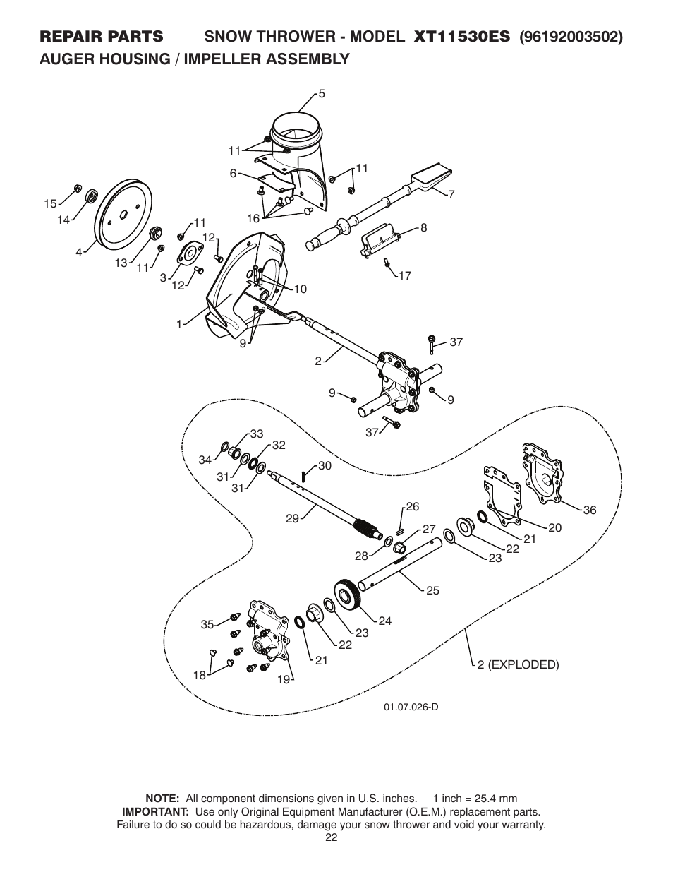 Repair parts, Auger housing / impeller assembly | Poulan XT 96192003502 User Manual | Page 22 / 44