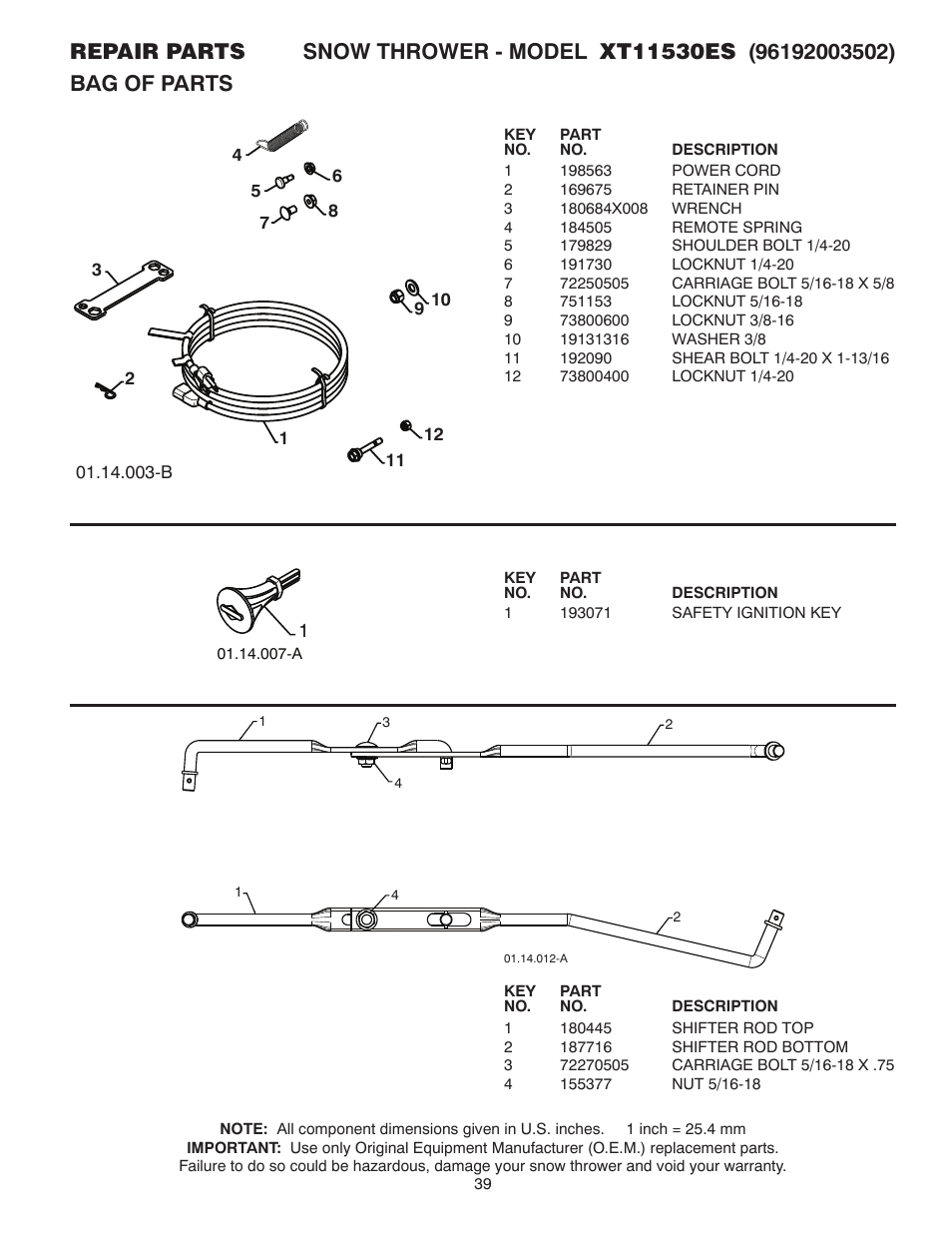 Bag of parts | Poulan XT 96192003502 User Manual | Page 39 / 44