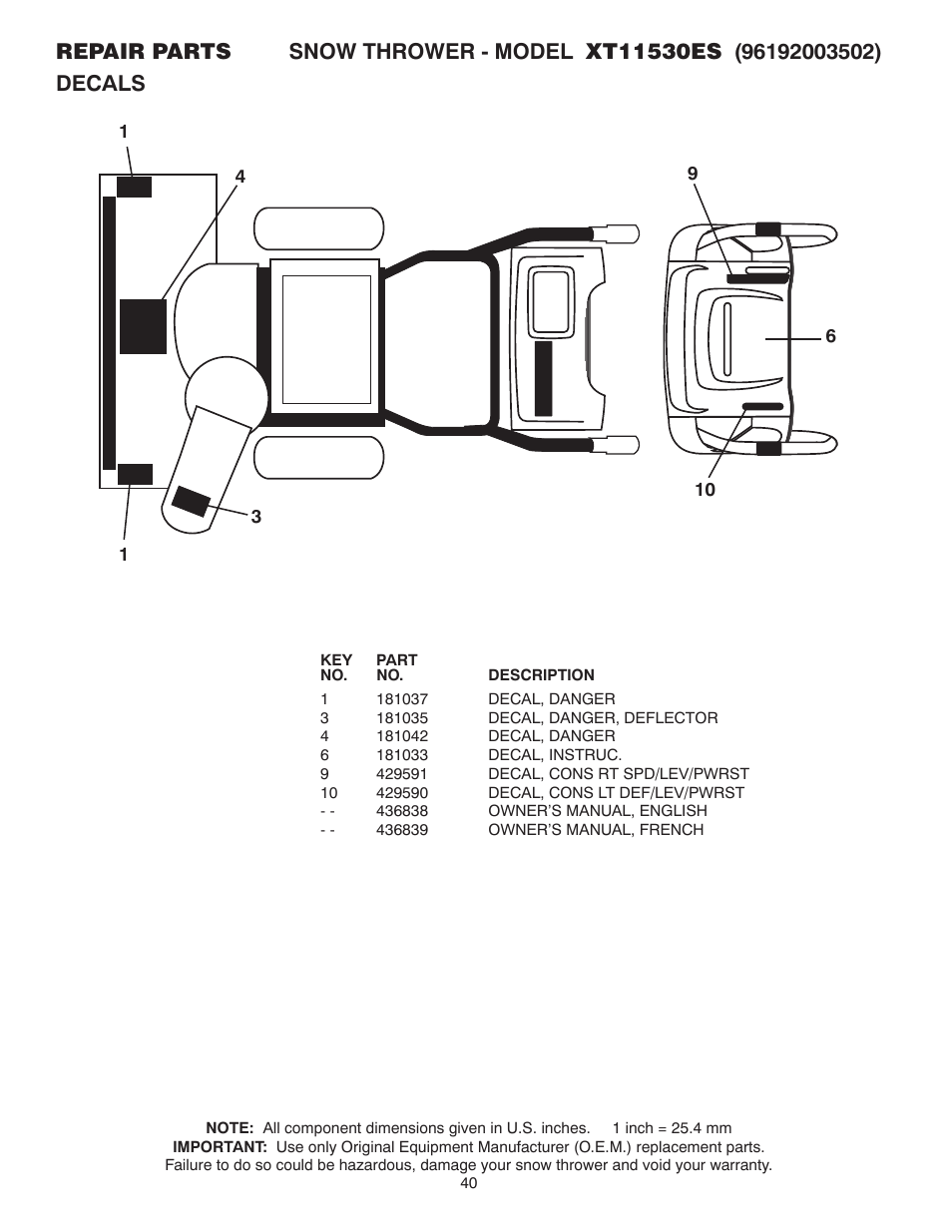 Decals | Poulan XT 96192003502 User Manual | Page 40 / 44