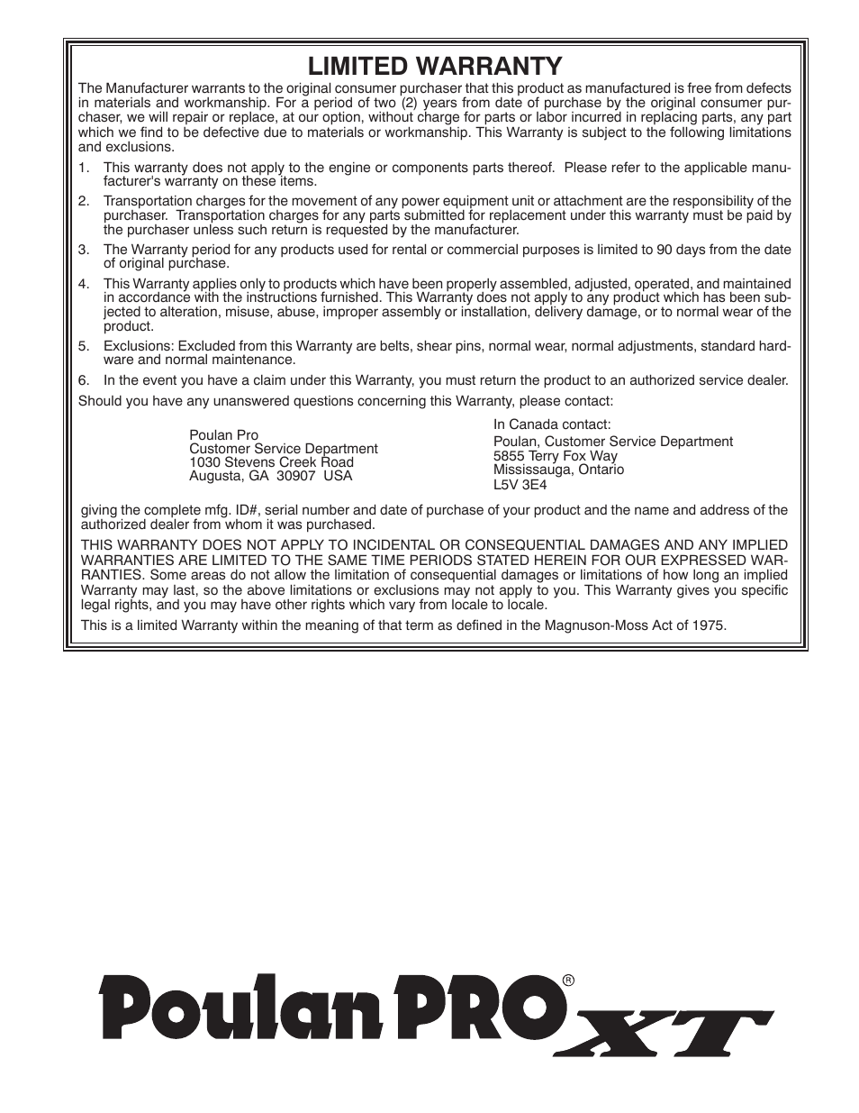 Limited warranty | Poulan XT 96192003502 User Manual | Page 44 / 44