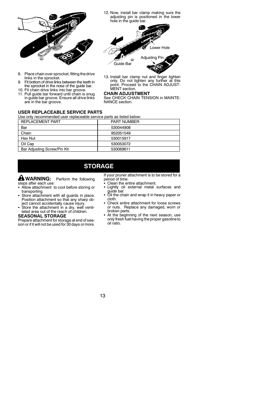 Storage, Warning | Poulan Pro PP5500P User Manual | Page 13 / 14