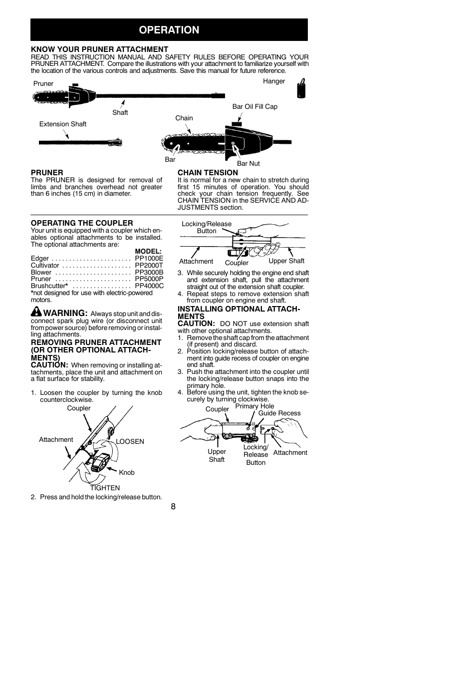 Operation, Warning | Poulan Pro PP5500P User Manual | Page 8 / 14
