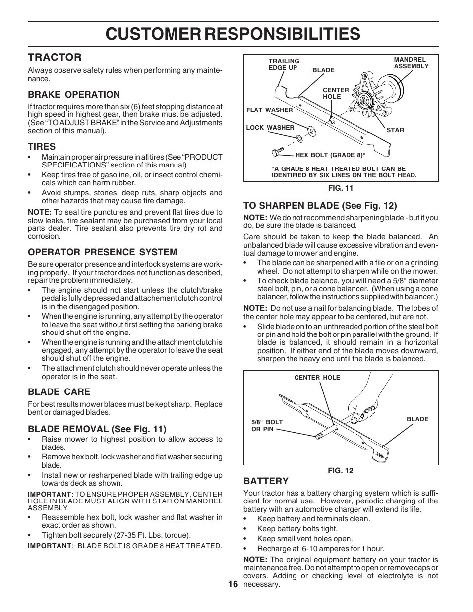 Customer responsibilities, Tractor | Poulan 182490 User Manual | Page 16 / 48